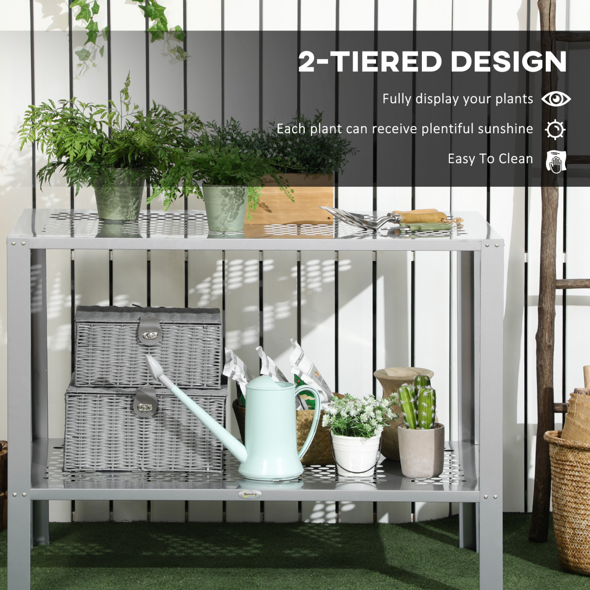 angled view of 2-tier plant stand storage organizer steel display shelf for patio