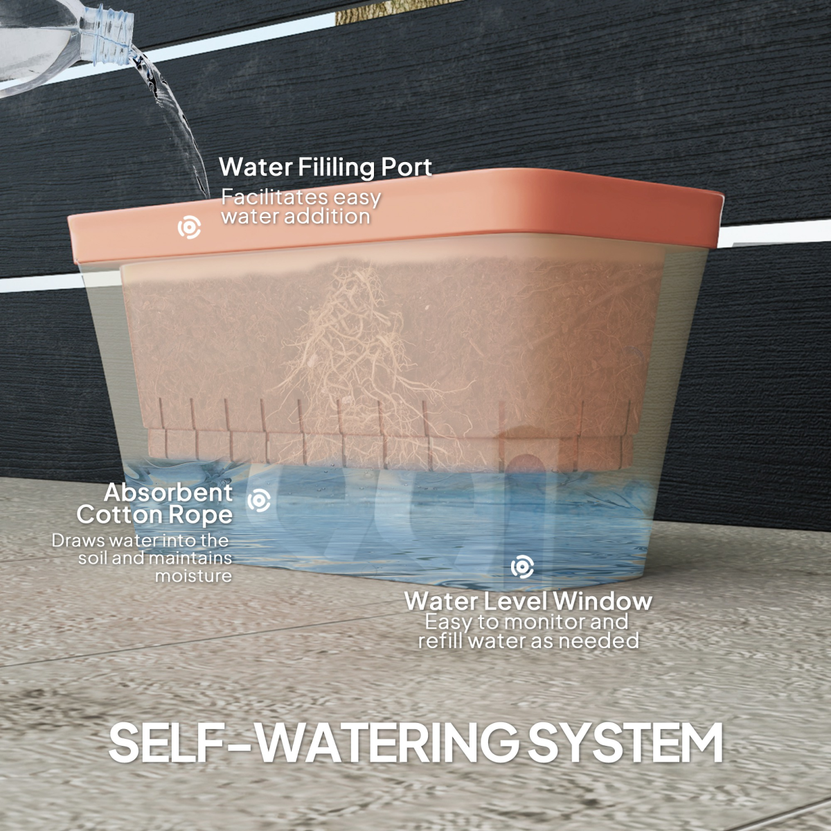 angled view of outsunny 3 pcs self watering plant pots w/ visual water level window