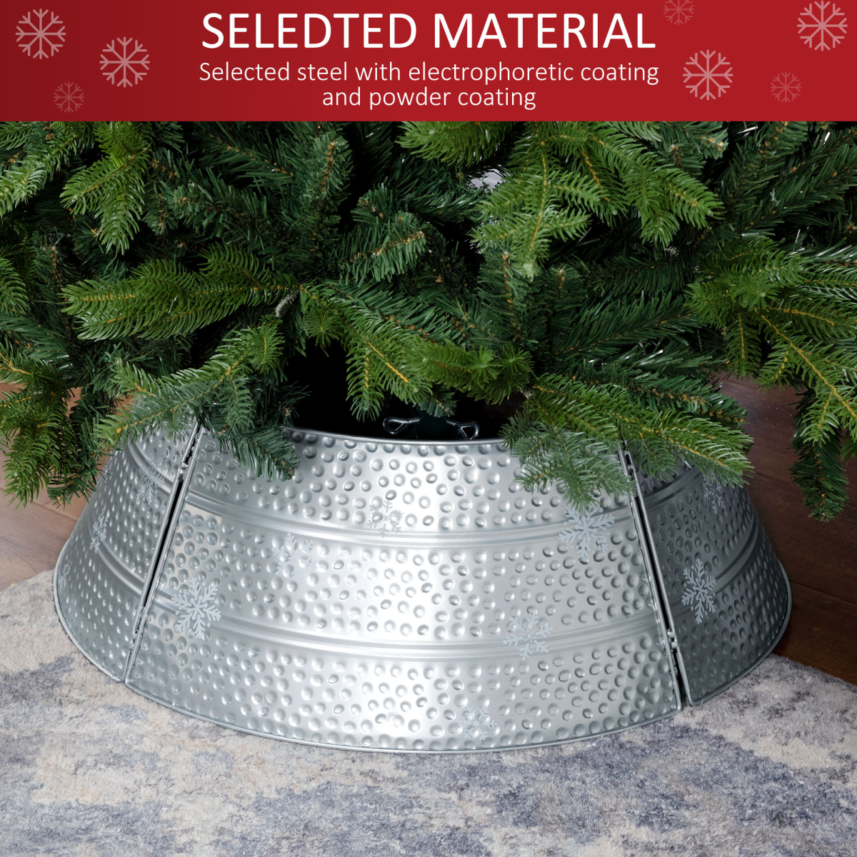 product image showing homcom 66cm christmas tree collar with hollow snowflake patterns silver in use