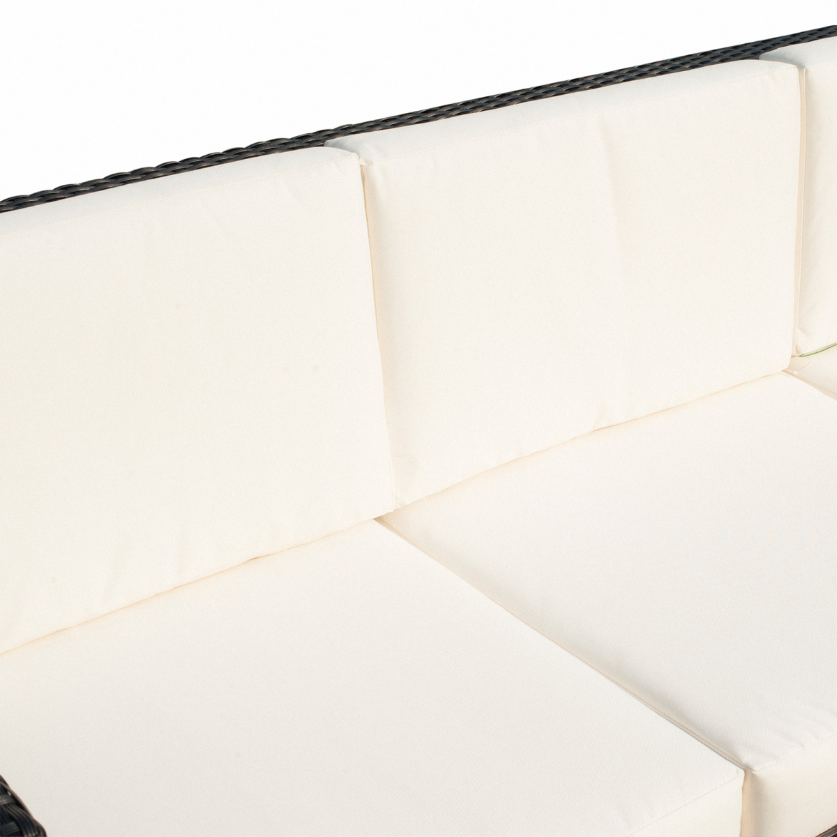 lifestyle shot of 3 seater rattan garden sofa black outdoor patio wicker weave furniture chair