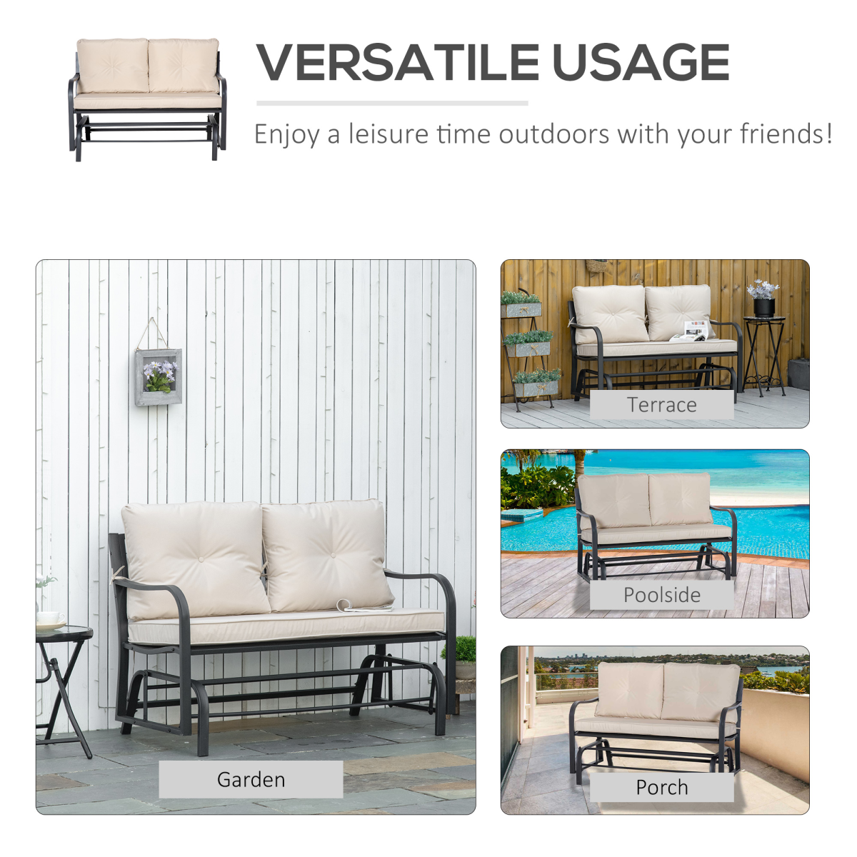 Additional view of 2-person rocking chair with armrest & weather resistant cushions, khaki