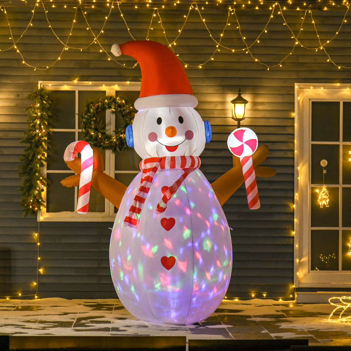 photo showing 8ft Christmas Inflatable Snowman with Candy Rotating Lighted Indoor Outdoor