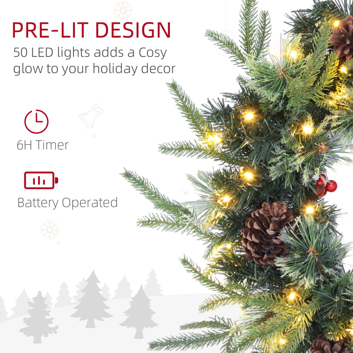 close-up of 60cm Christmas Wreath with LED Lights Pine Cones Red Berries Green