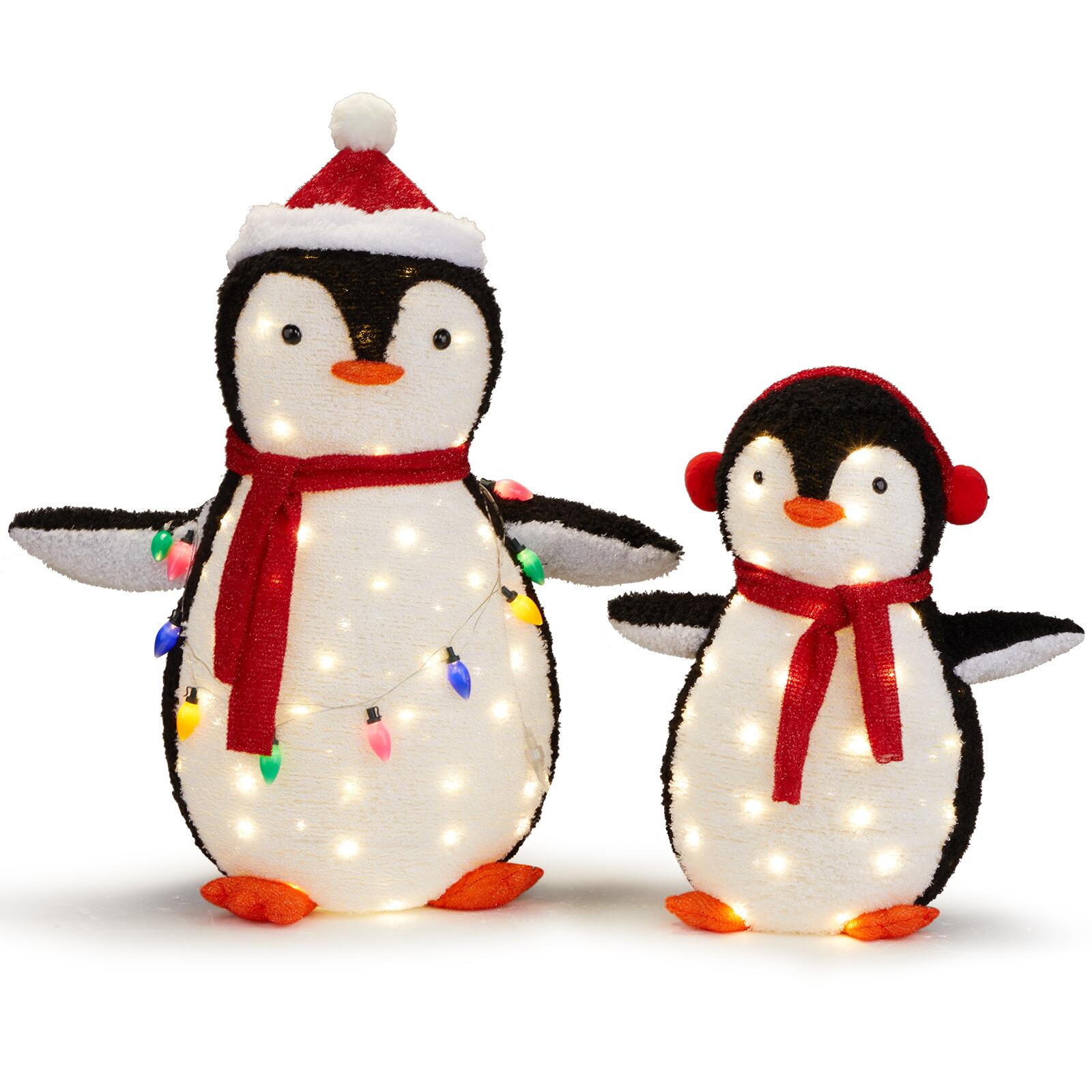 2-Piece Lighted Plush Penguins Christmas, Set of 2 Pre-lit Pull Up Penguins