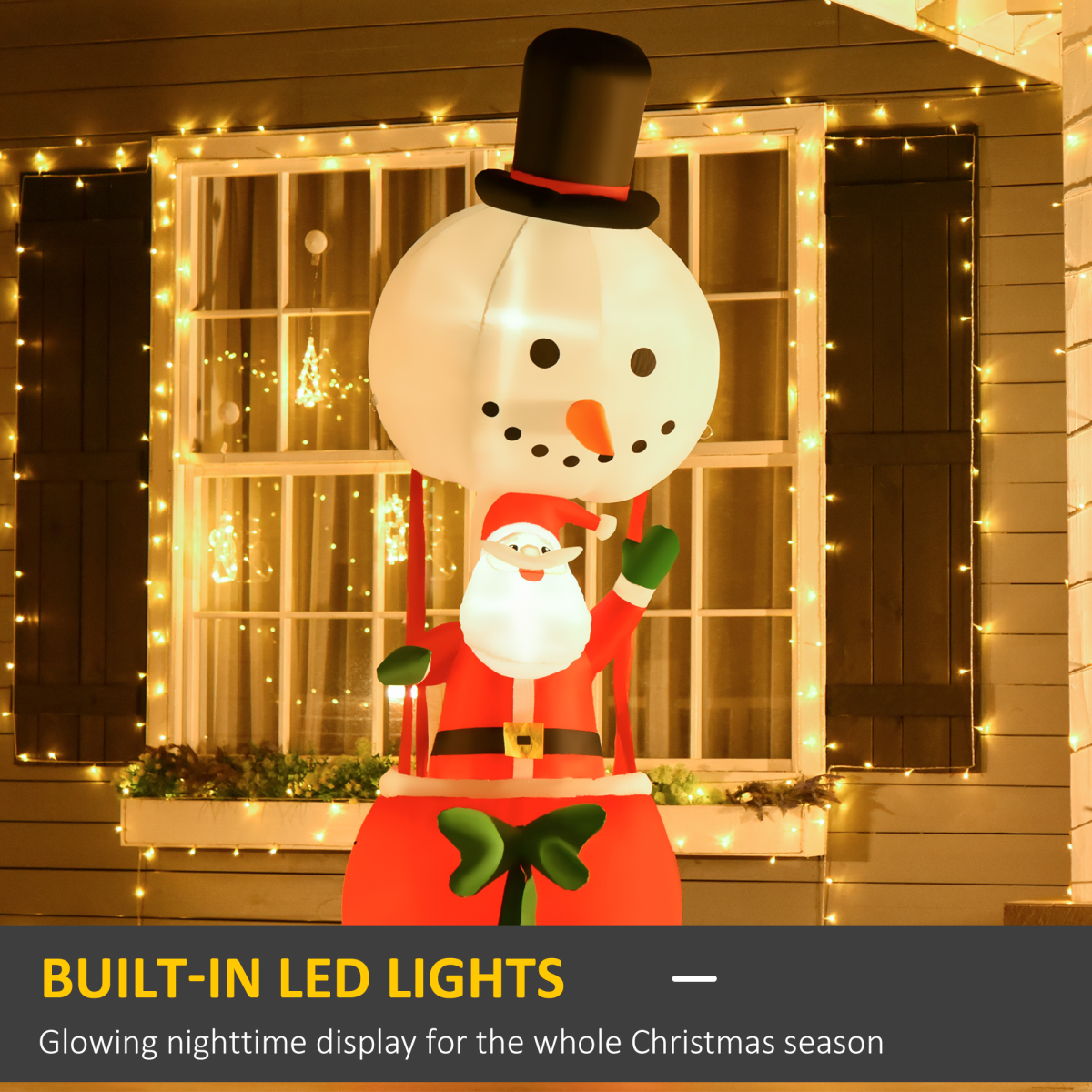 High-quality image of 8ft Christmas Inflatable Deco with Santa Claus on Snowman Hot Air Balloon LED for eCommerce listing.