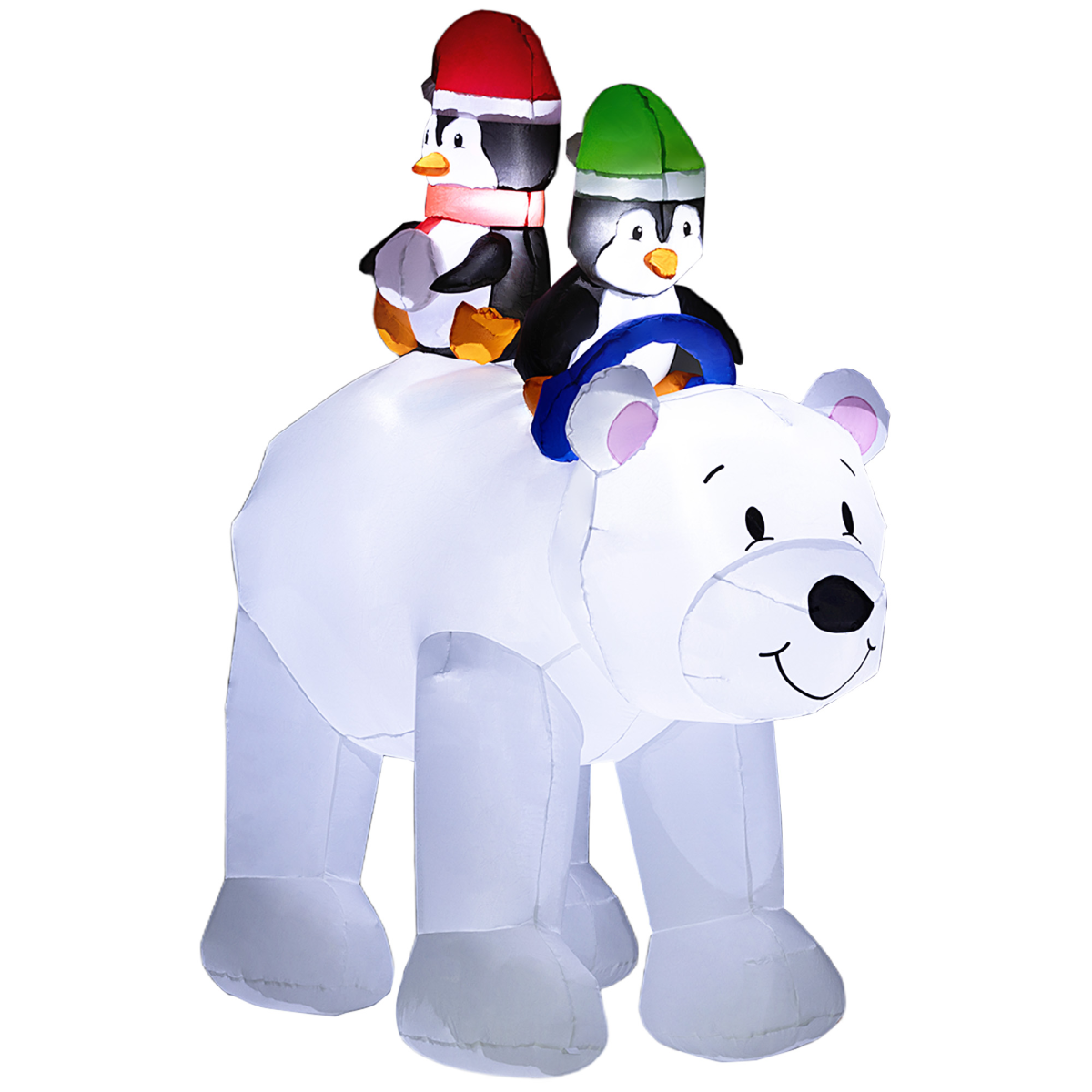 Studio photo of 6.4FT Christmas Inflatable Two Penguins Riding on Polar Bear, angled view.