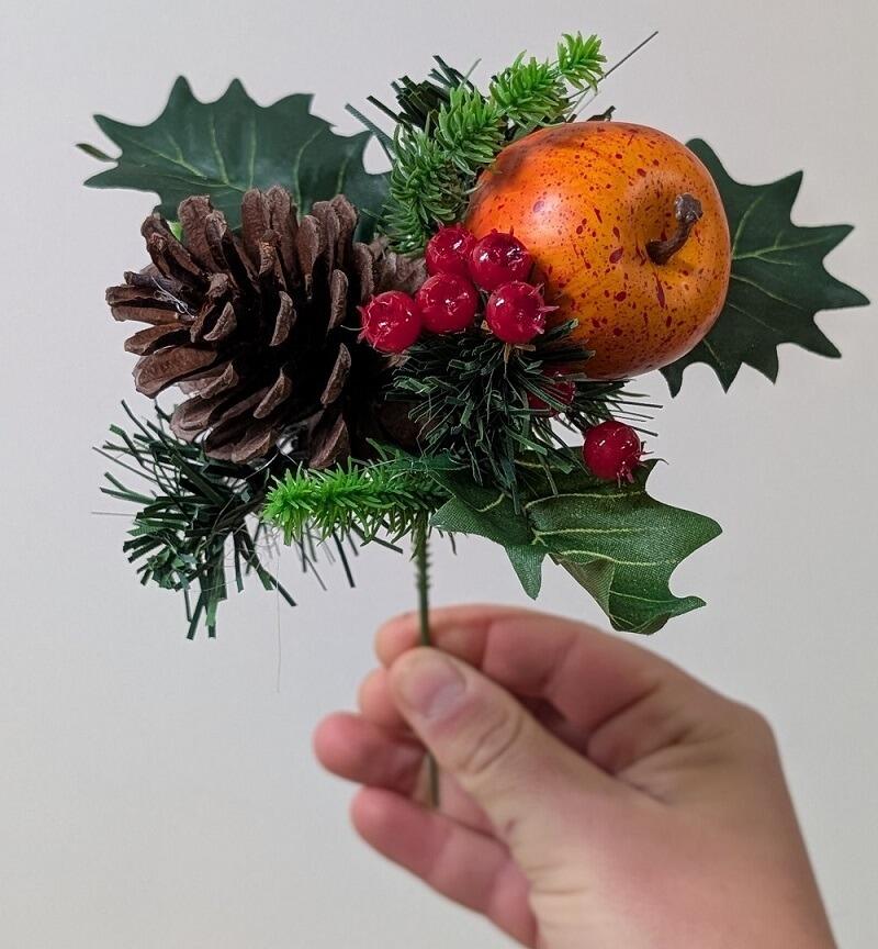 Christmas Artificial Pick with Berries, Apple and Cone on a pick