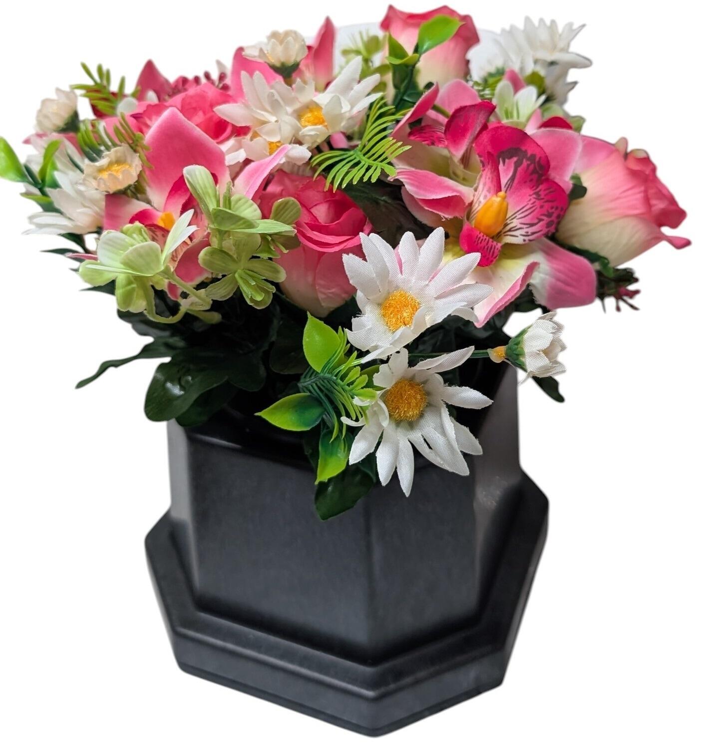 Artificial Grave Flowers in Memorial Base Pink Rosebud and Orchid Mix