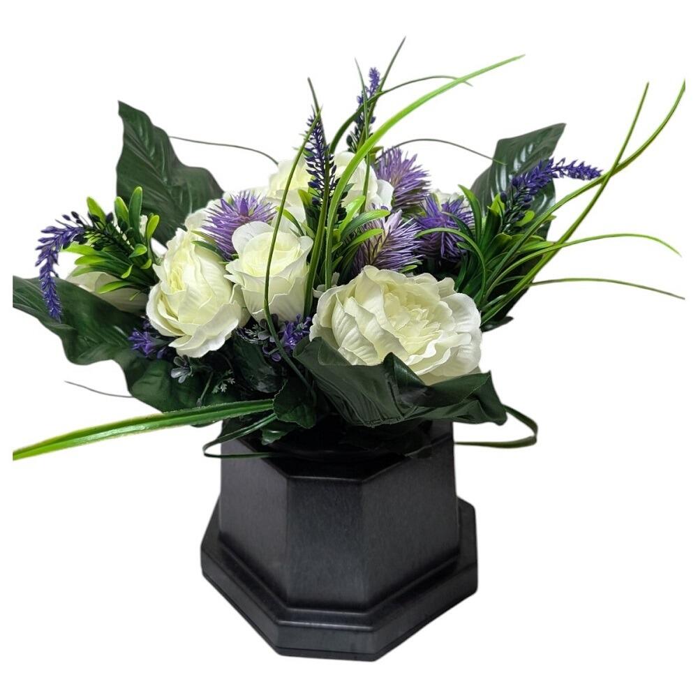 Artificial Grave Flowers in Memorial Base Ivory Rosebud and Foliage Mix