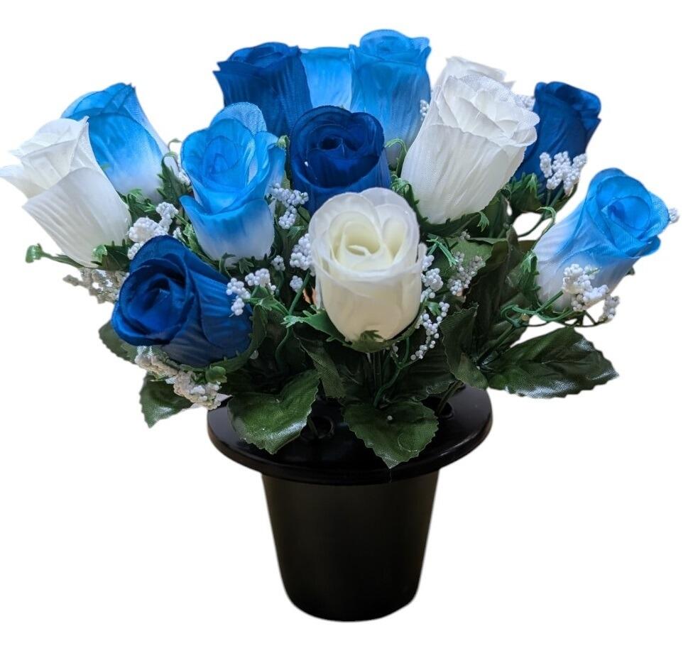 Weighted Grave Flower Vase Pot with Rosebud Artificial Flowers Blue and Ivory