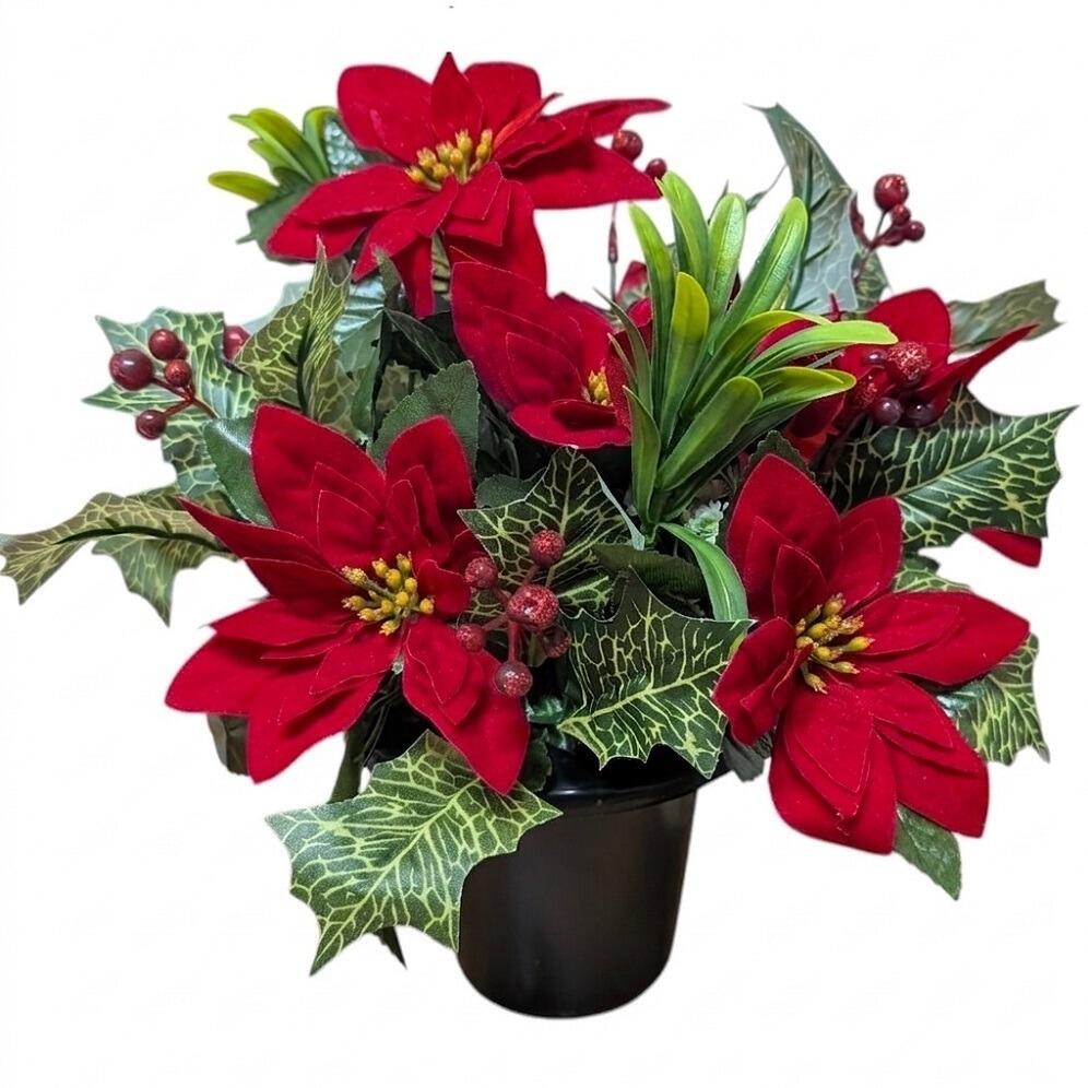 Christmas Grave Pot with Red Poinsettia Flowers