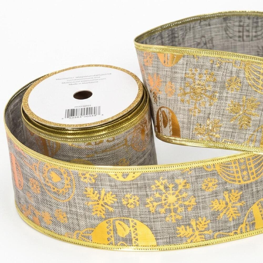 wired christmas ribbon full roll grey gold