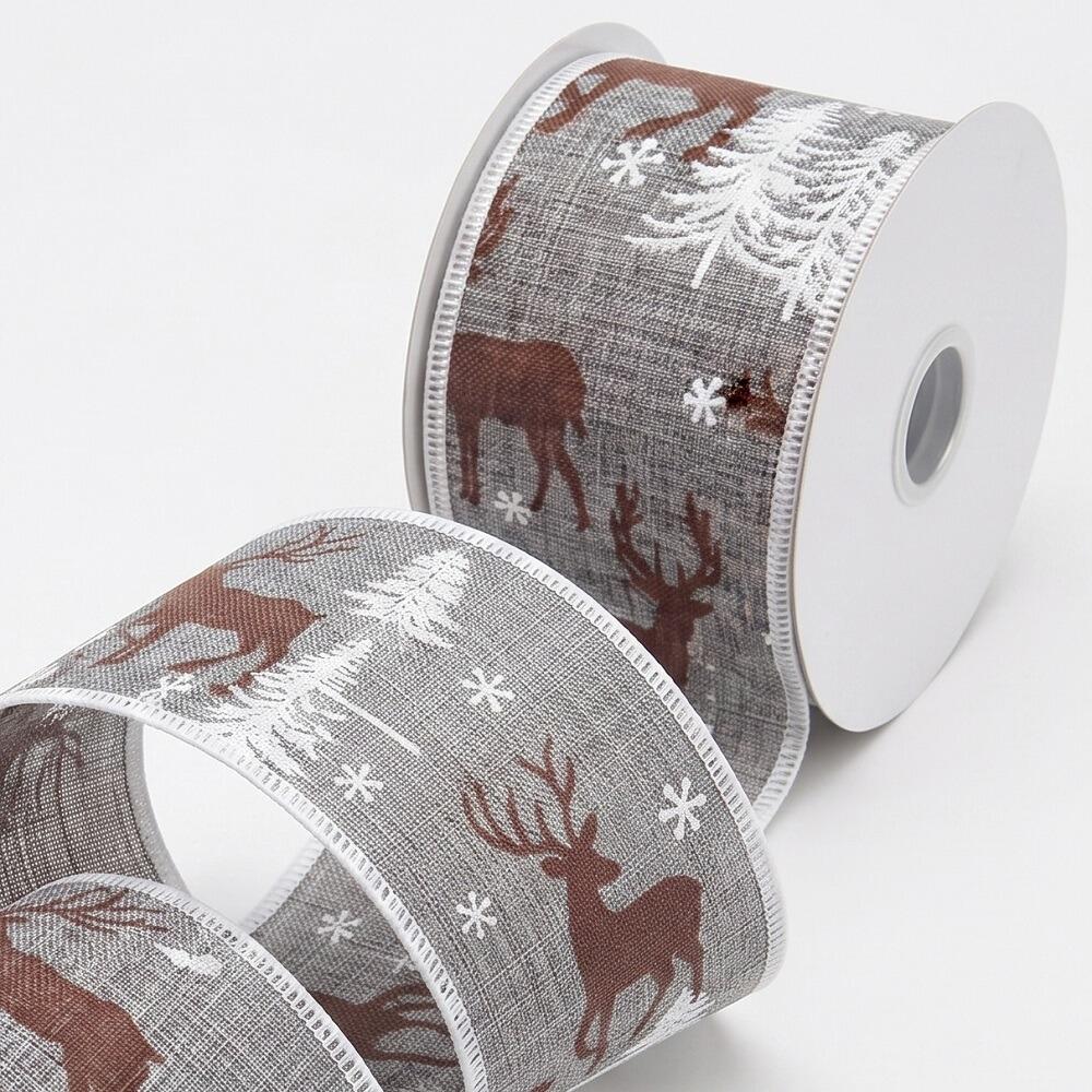 Grey Stag Trees Christmas Ribbon