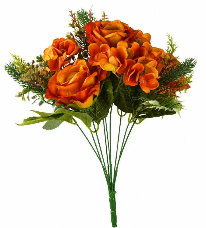 Artificial Flowers 45cm Autumn Rose & Hydrangea Bouquet Orange