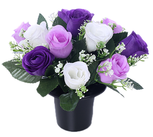 cemetery pot grave with roses artificial flowers purple lilac