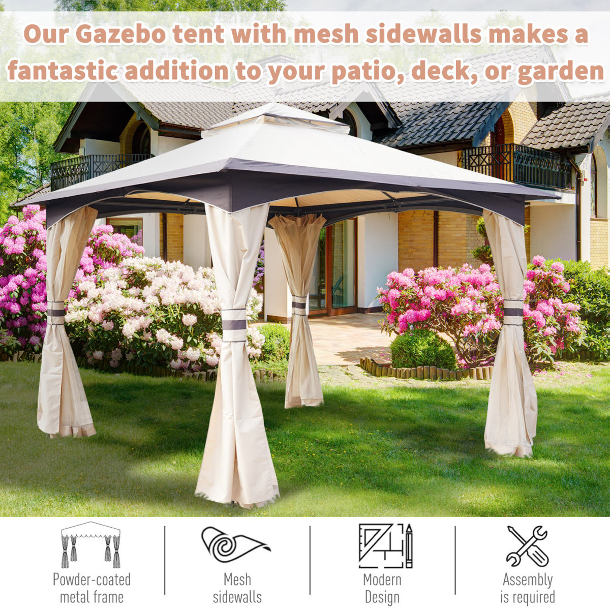 2-Tier Roof Gazebo Steel Frame Mesh Sidewalls