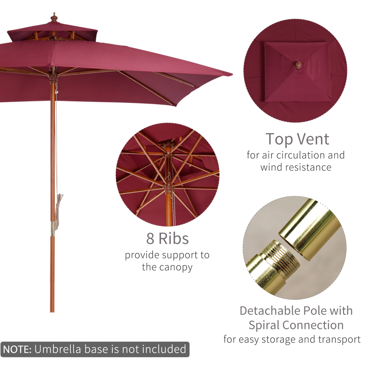 3m Patio Umbrella Bamboo Umbrella Parasol - Wine Red