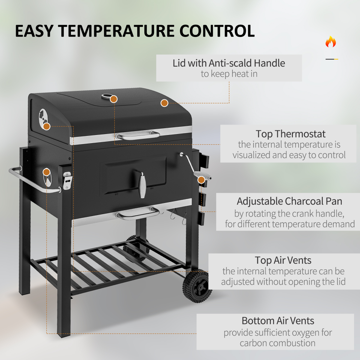Charcoal Grill BBQ - Shelf Side Thermometer Steel Black