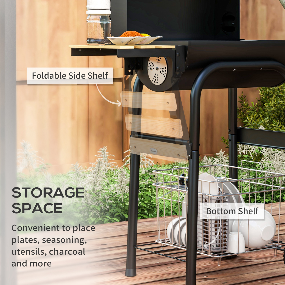 Charcoal Barbecue BBQ Grill Trolley - Shelves, Lid and Thermometer