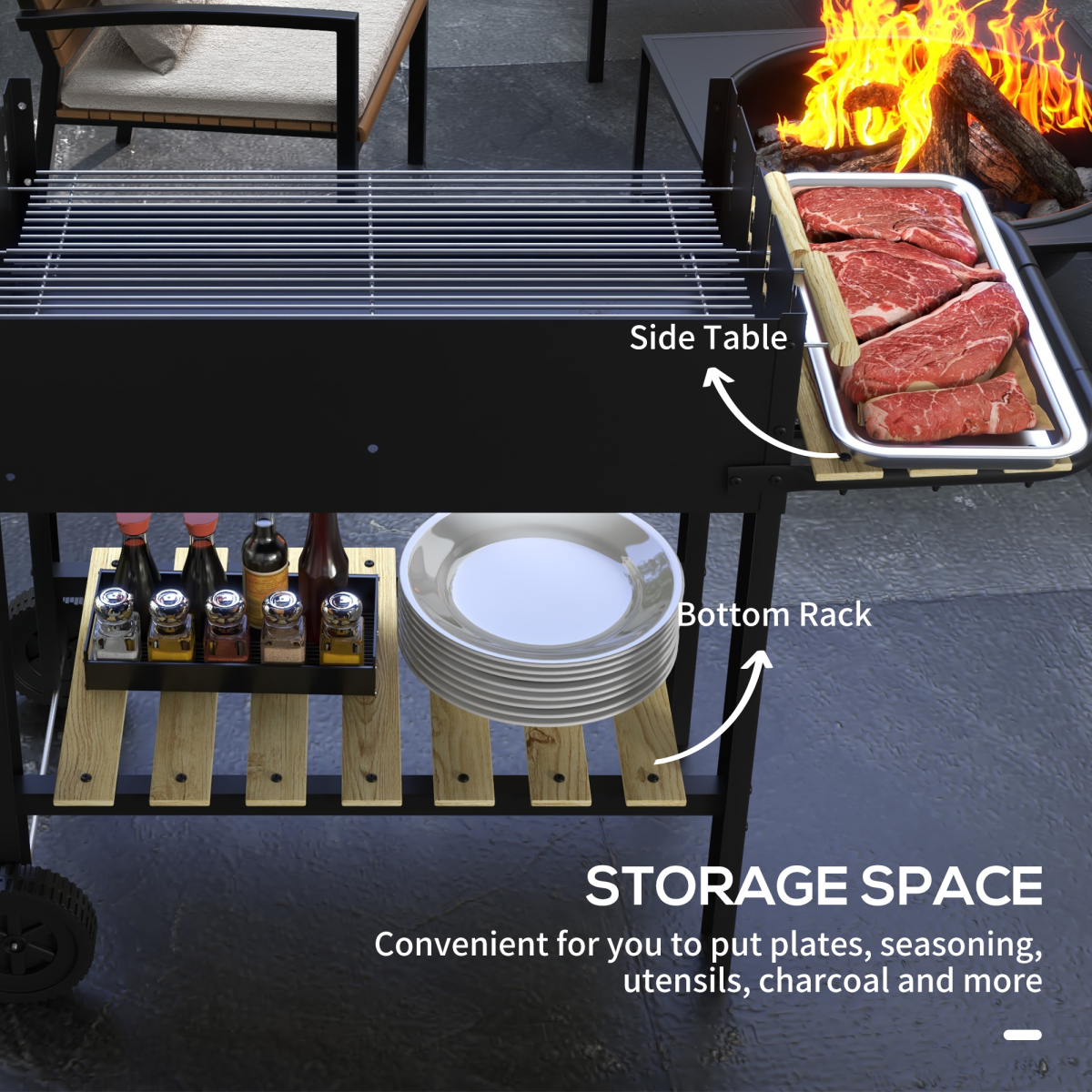Charcoal BBQ Grill with Side Table & Storage Shelf