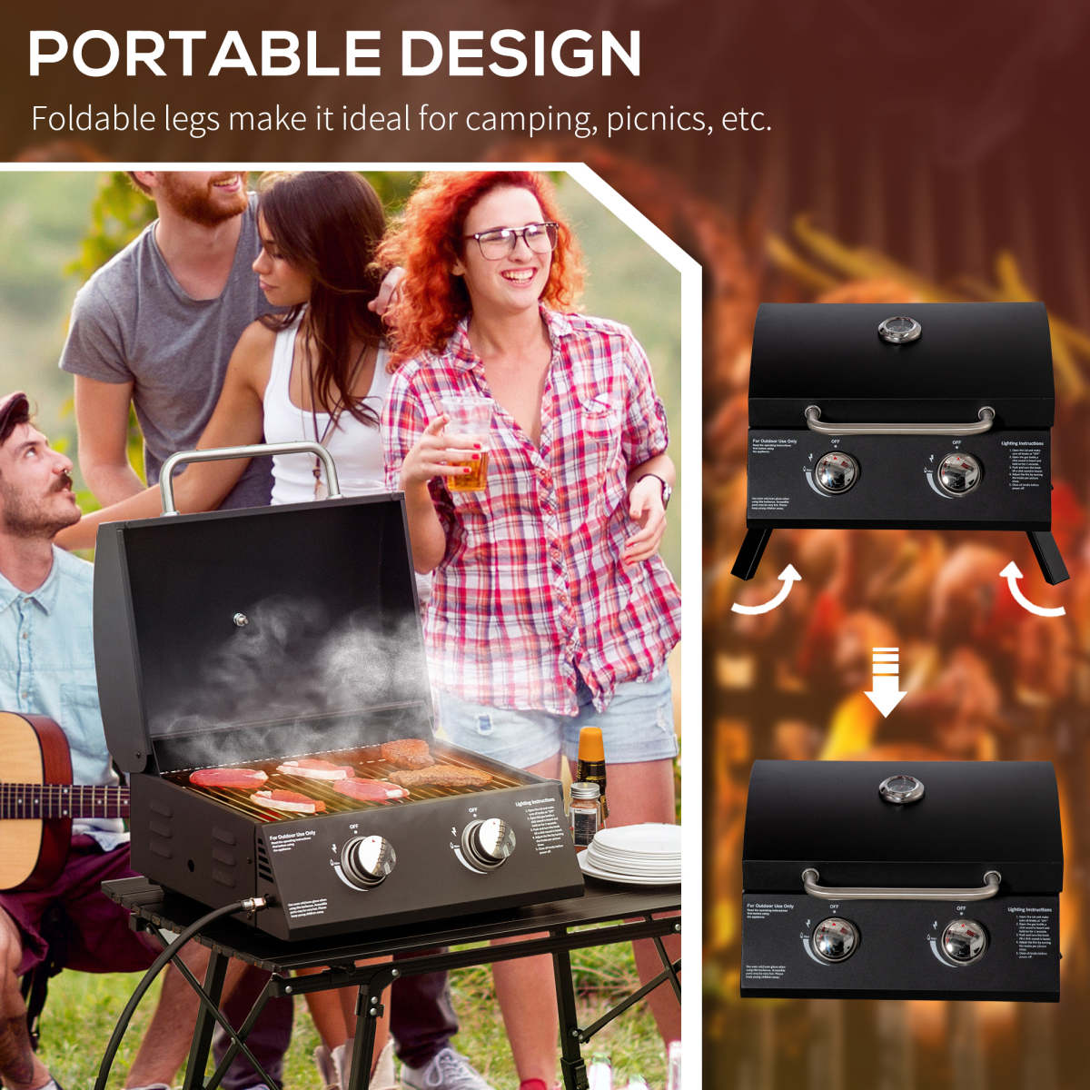 2 Burner Gas BBQ Grill Portable Black