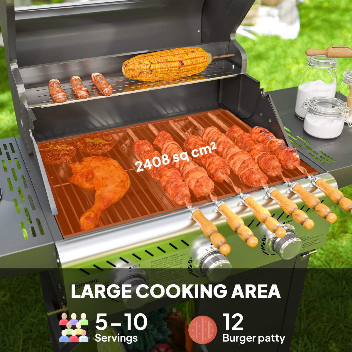 3 Burner Propane Gas BBQ Grill, See-through Lid and Thermometer