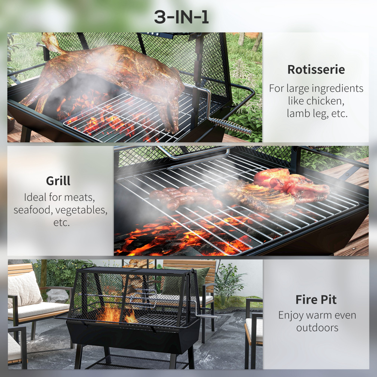 3-in-1 BBQ Rotisserie Grill Roaster Fire Pit for Outdoor
