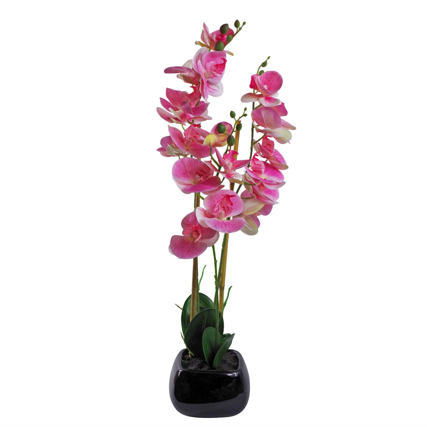 image of 70cm artificial orchid light pink with black ceramic planter