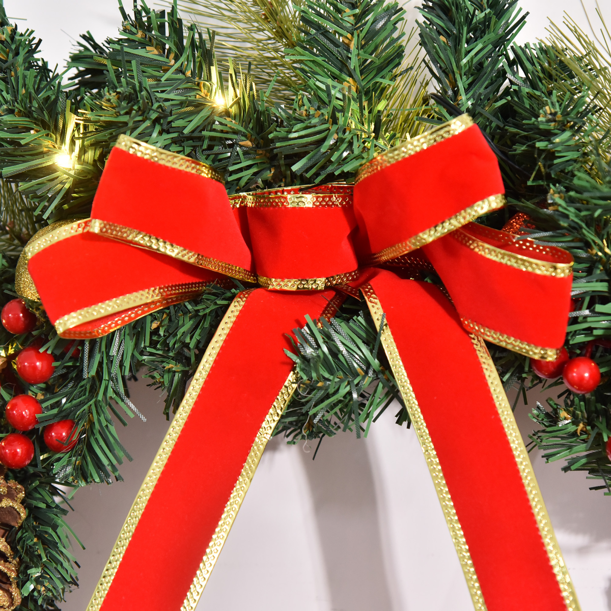 60cm Pre-Lit Artificial Christmas Door Wreath Holly LED Decor Pine Cones Hanging