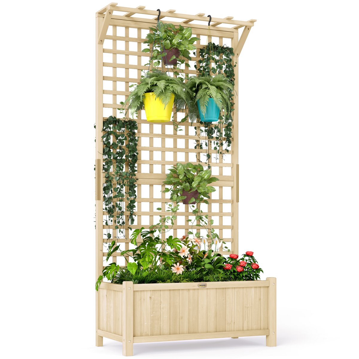 image showing wood planter with trellis for climbing plants vines planter box natural
