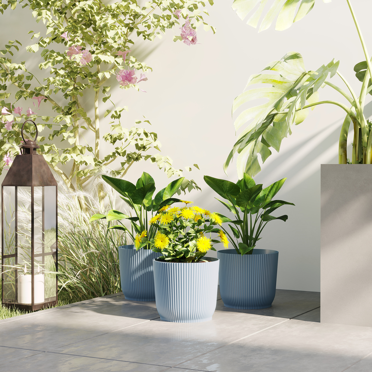photo of plant pots outdoor 22cm for garden decoration, blue on display