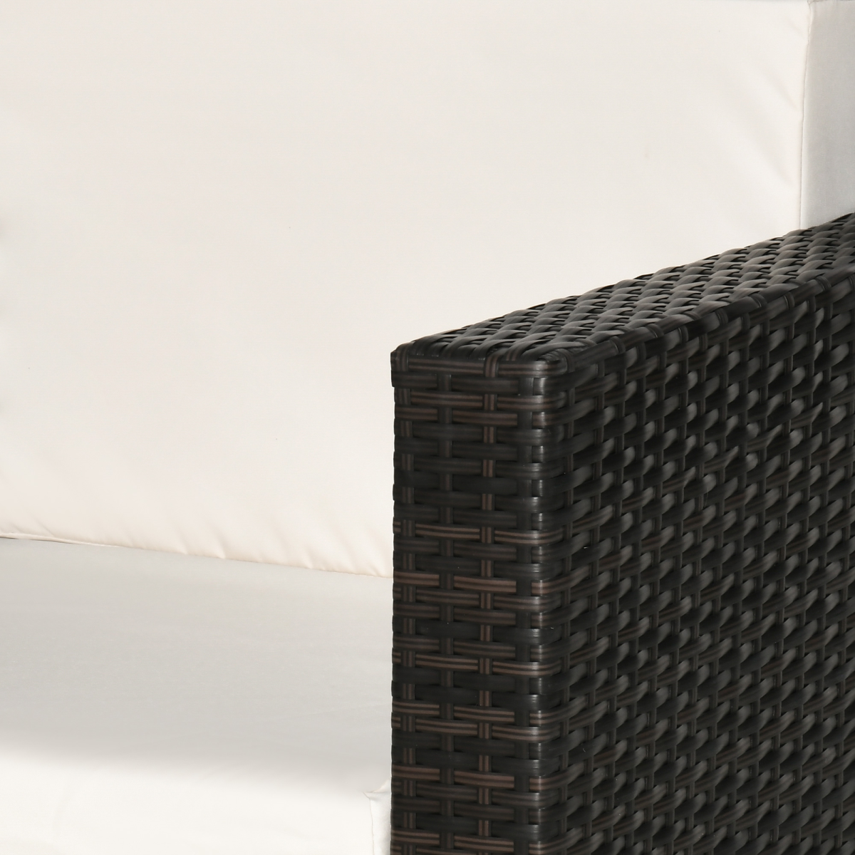 lifestyle shot of rattan single sofa chair garden wicker weave armchair fire resistant brown