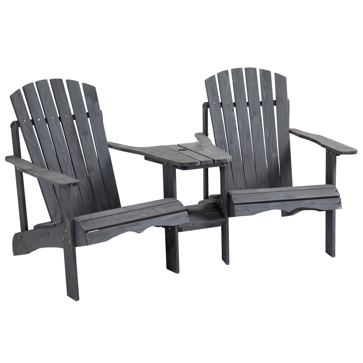 wooden double adirondack chairs & centre table & umbrella hole, grey suitable for gardens or patios