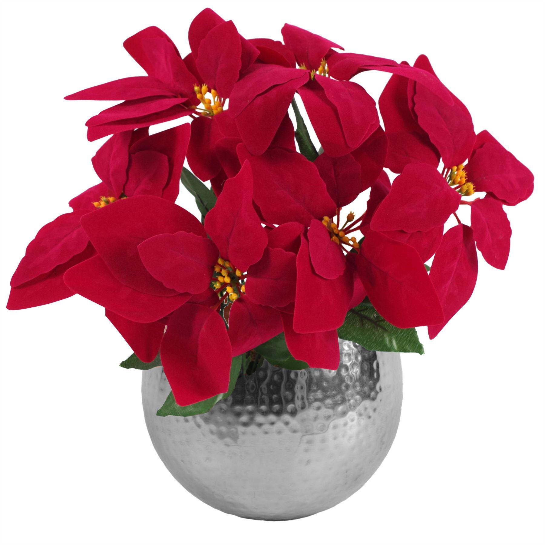 artificial Christmas Xmas Red Poinsettia 40cm Silver Hammered Metal Planter
