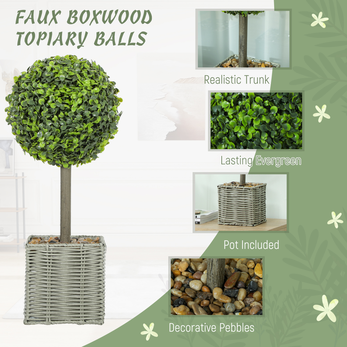 hOMCOM Set of 2 Artificial Plants, 50cm Faux Boxwood Topiary Balls, Green alternative style 3