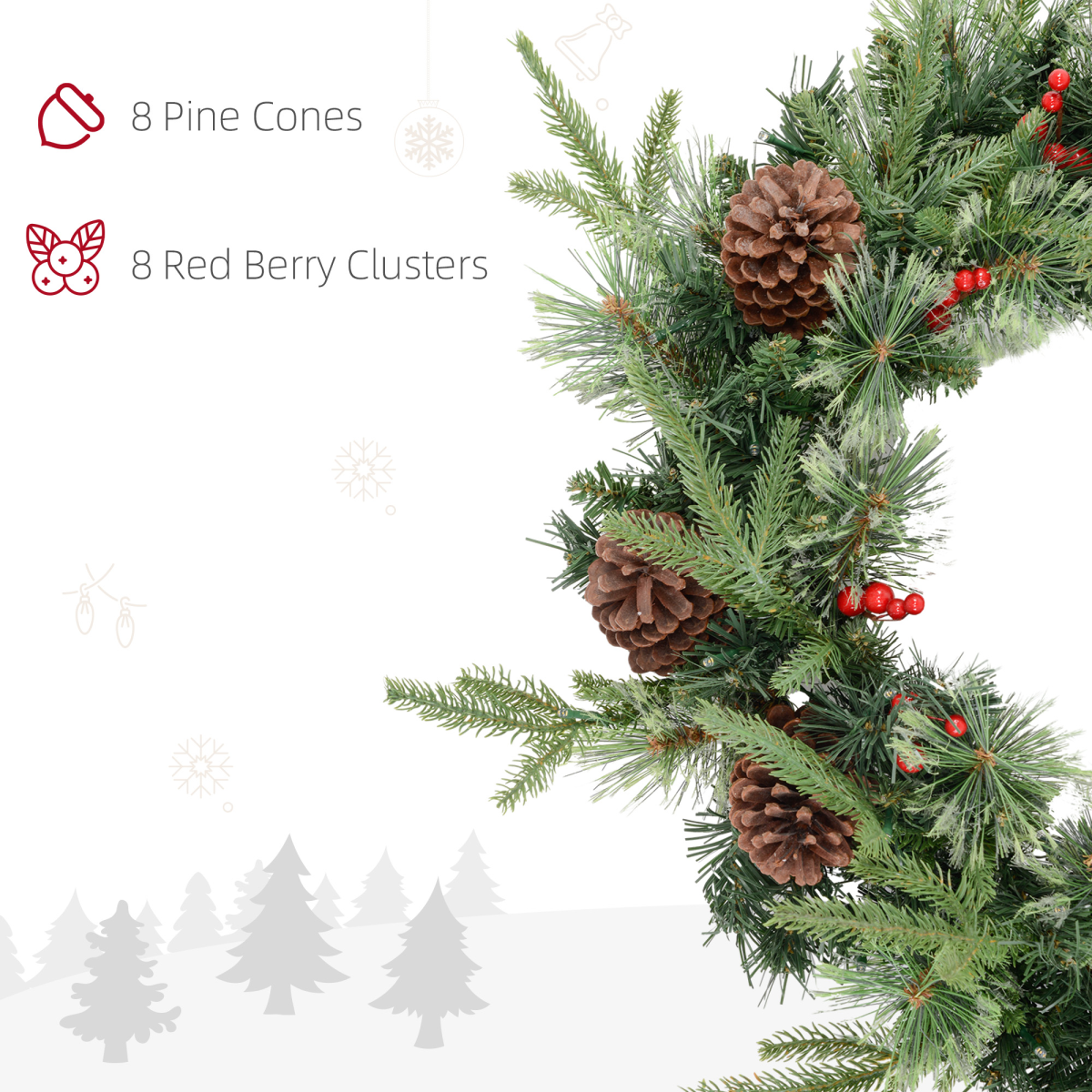 detailed view of 60cm Christmas Wreath with LED Lights Pine Cones Red Berries Green