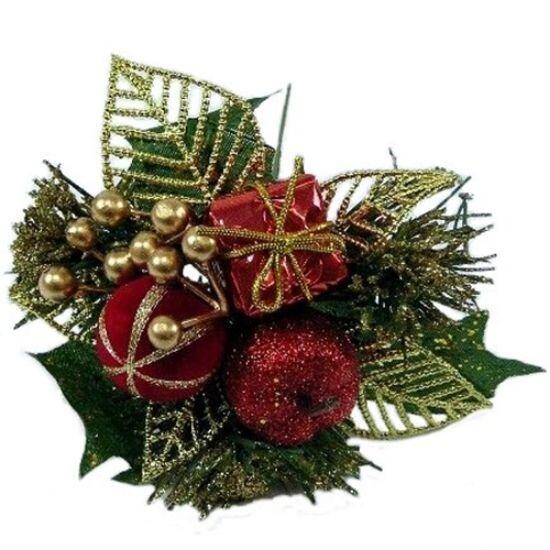 Artificial Christmas Pick - Red Parcel, Bauble and Gold Leaf