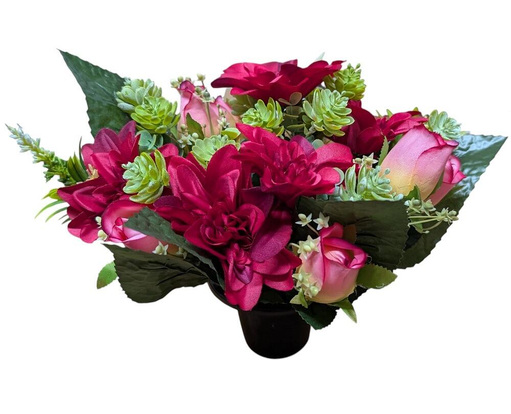 Artificial Grave Flower Pot Cerise and Pink Rose and Dahlias