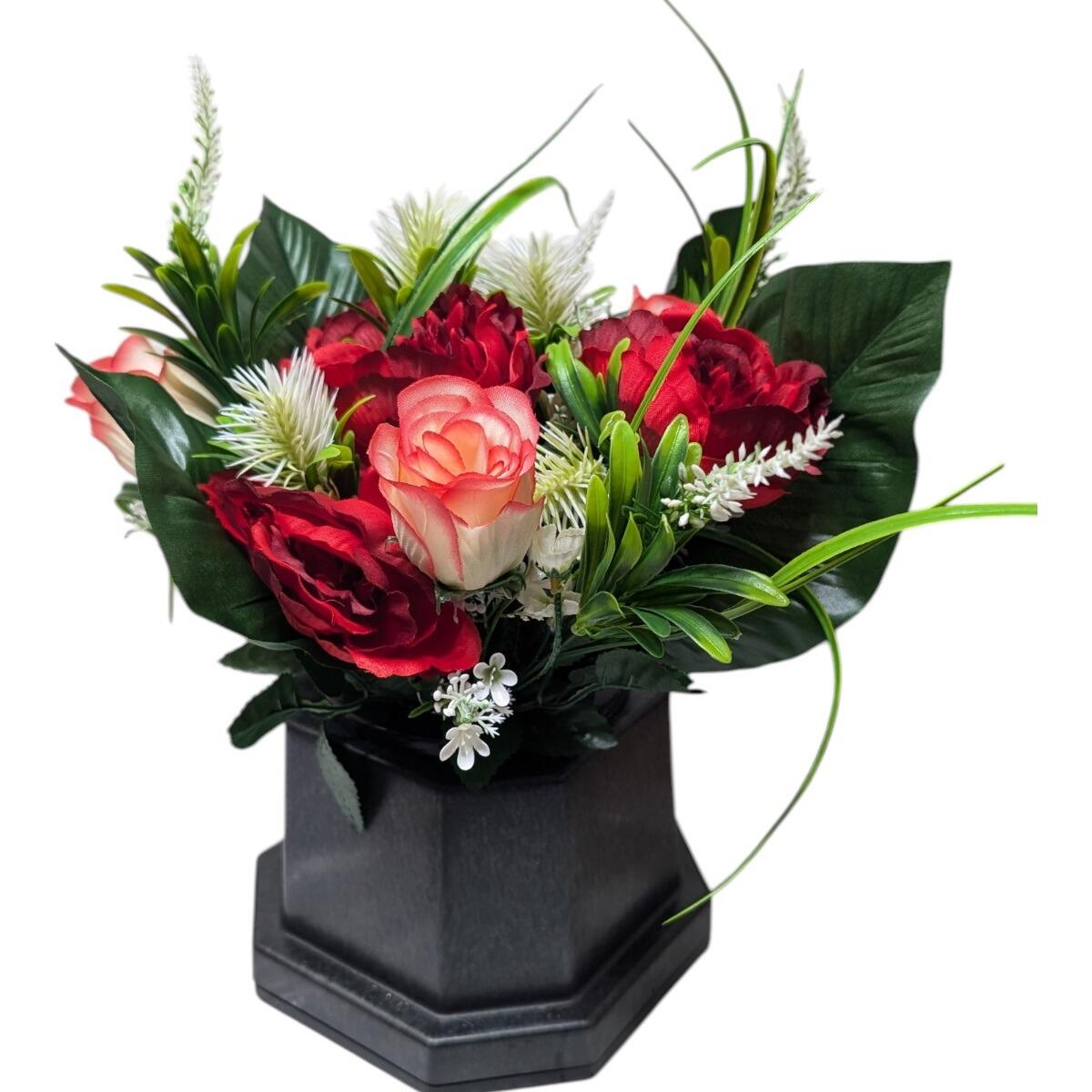 Artificial Grave Flowers in Memorial Base - Red Rose and Lily Mix