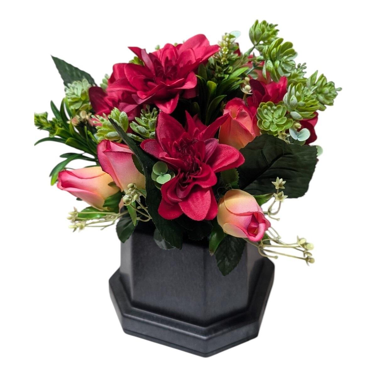 Artificial Grave Flowers in Memorial Base Pink Rose and Dahlia Mix