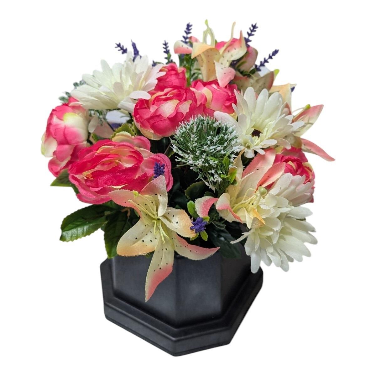 Artificial Grave Flowers in vase pot Pink Ranunculus and Gerbera mix