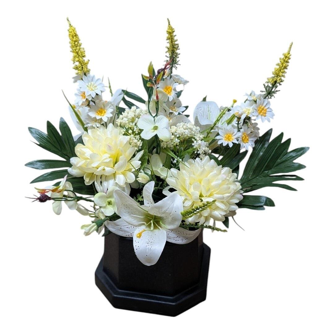 Artificial Grave Flowers in Pot - Cream Chrysanthemums