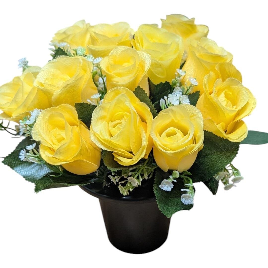 Grave Flower Vase Pot with Rosebud Artificial Flowers Lemon