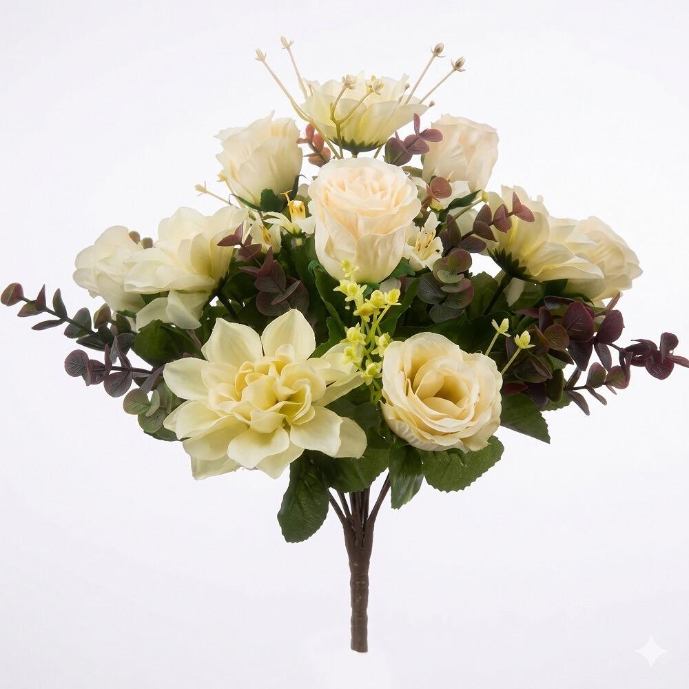 Artificial Flowers - 40cm Dahlia and Rosebud Bouquet Ivory