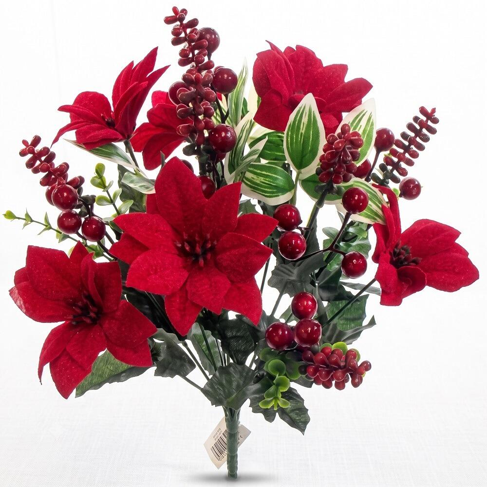 artificial Christmas flower bush with red Poinsettia Eucalyptus, berries and mixed foliage