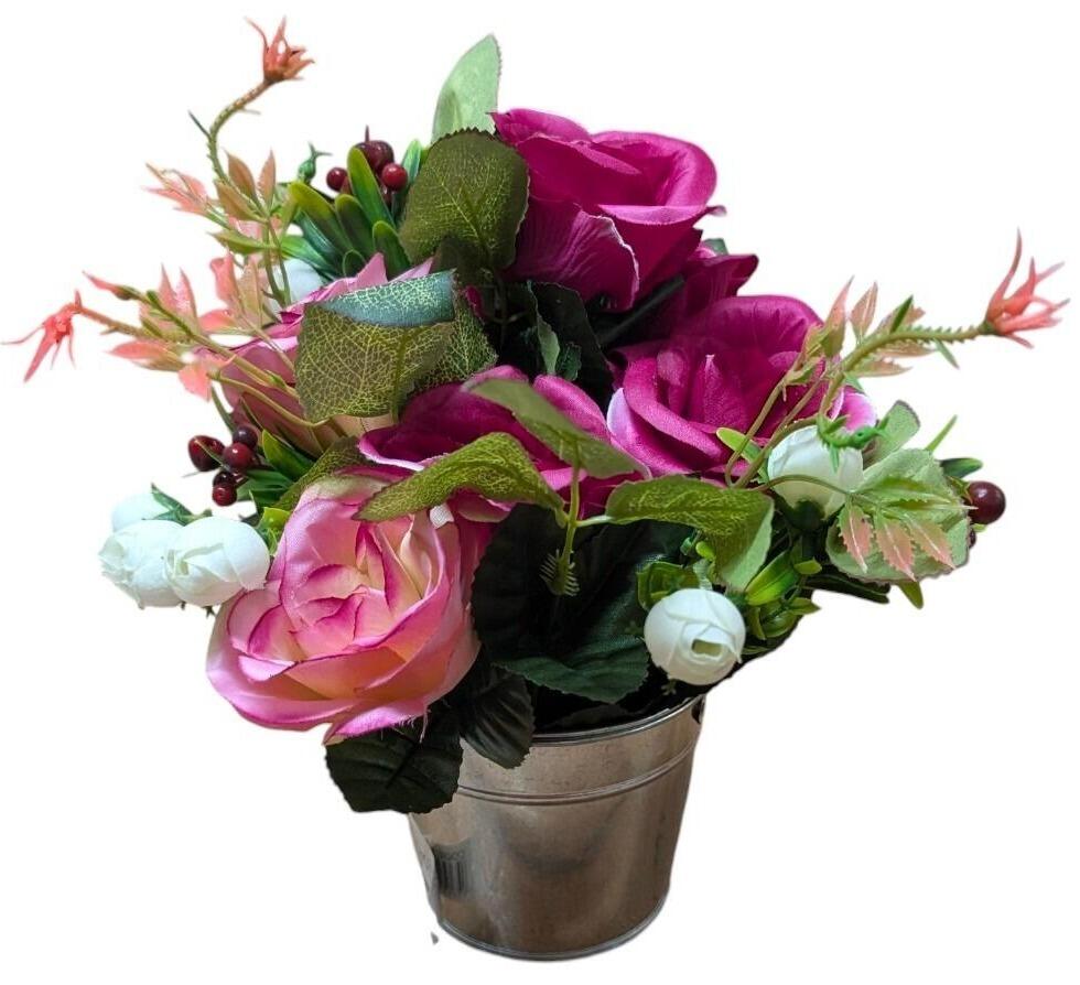 Artificial Metal Plant Pot with Flowers - Rose Arrangement