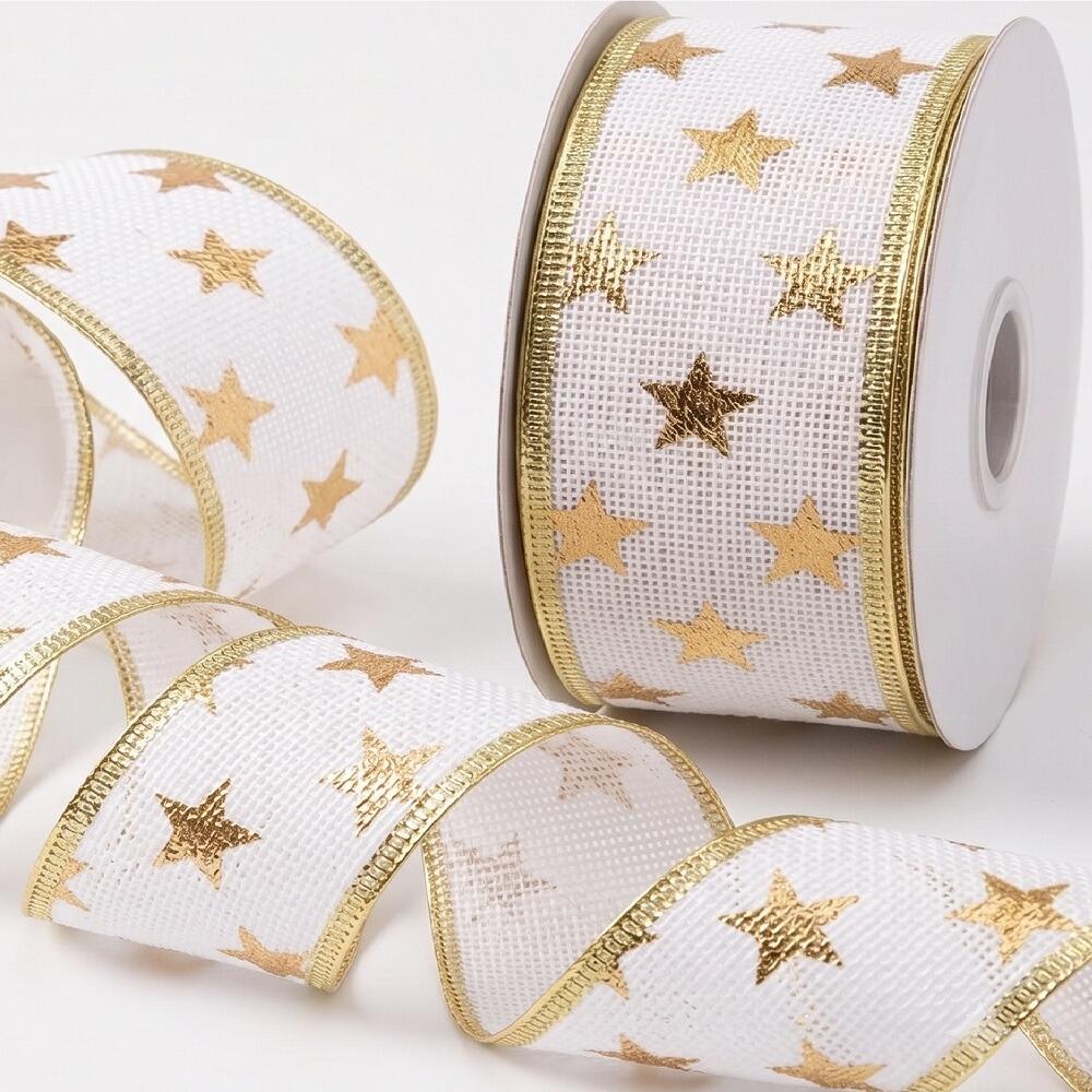 gold white stars christmas ribbon roll wired