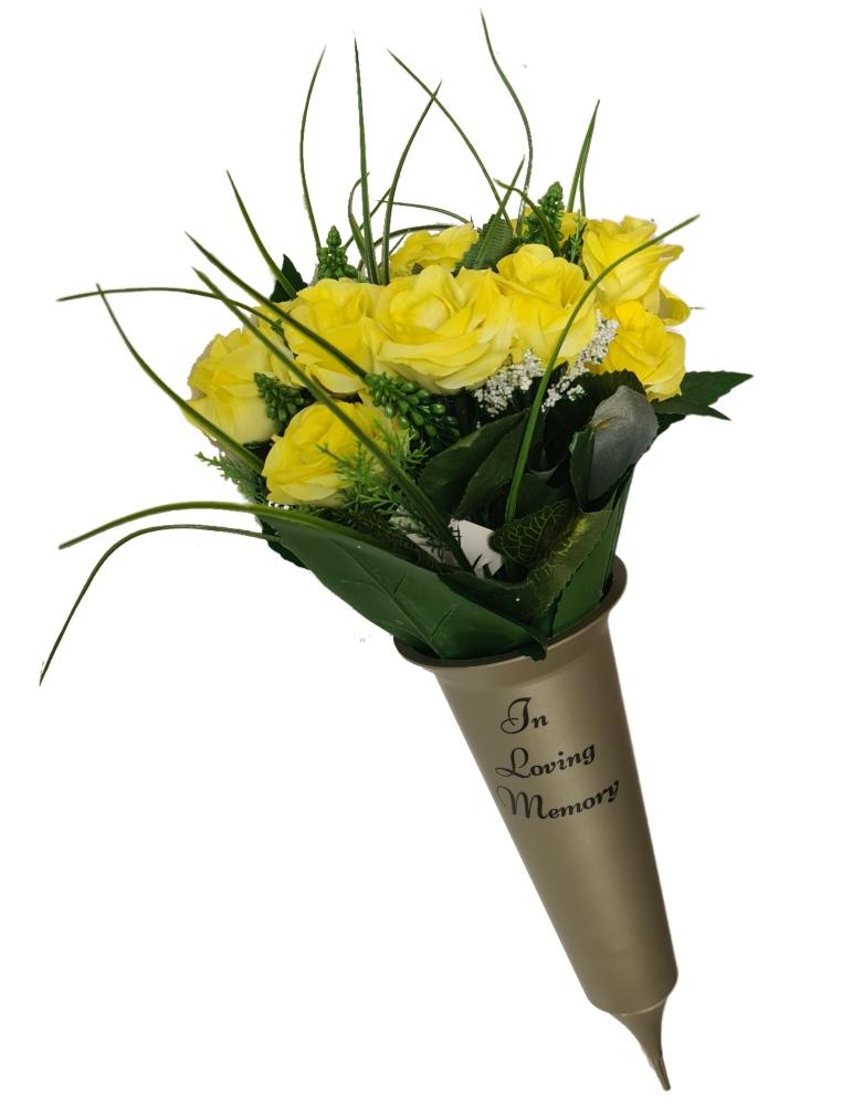 gravesidegold  grave vase spike with yellow rose artificial flowers