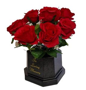 red roses cemetery pot with artificial flowers