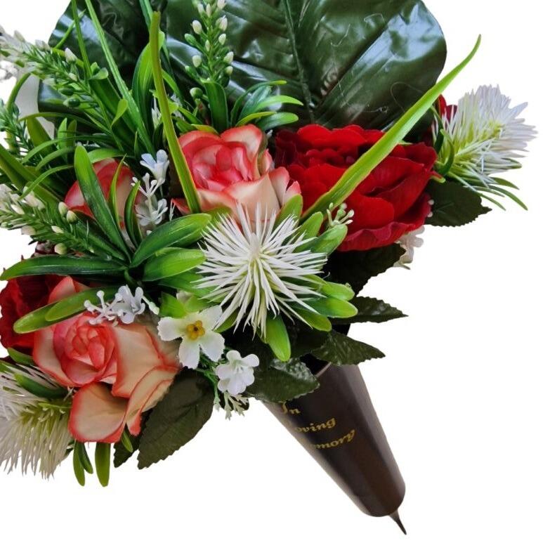 spiked grave vase with red pink flowers artificial